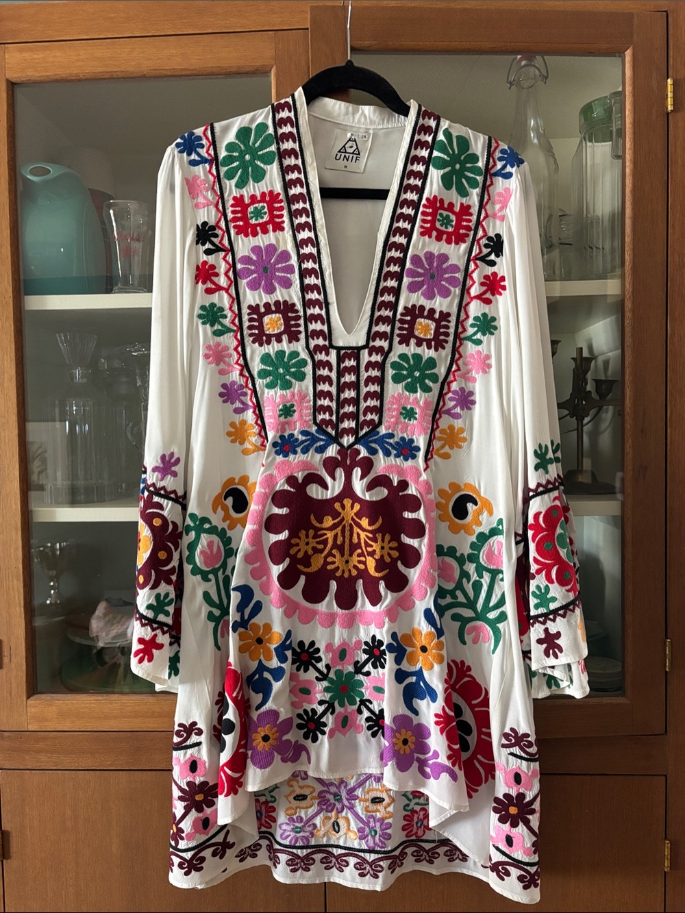 UNIF White Embroidered Boho Tunic with Multicolor Floral Accents